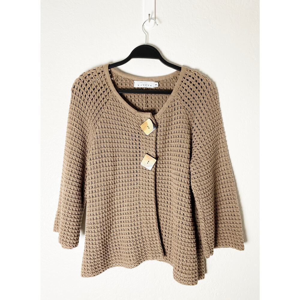 Willow Women's 100% Cotton Tan Knit Flowy Open Knit Sweater 3/4 Sleeves 2 Button